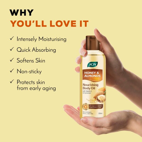 Joy Honey & Almonds Body Oil for Women & Men, Nourishing Body Oil with Vitamin E & Sunscreen for All Skin Types - Image 5